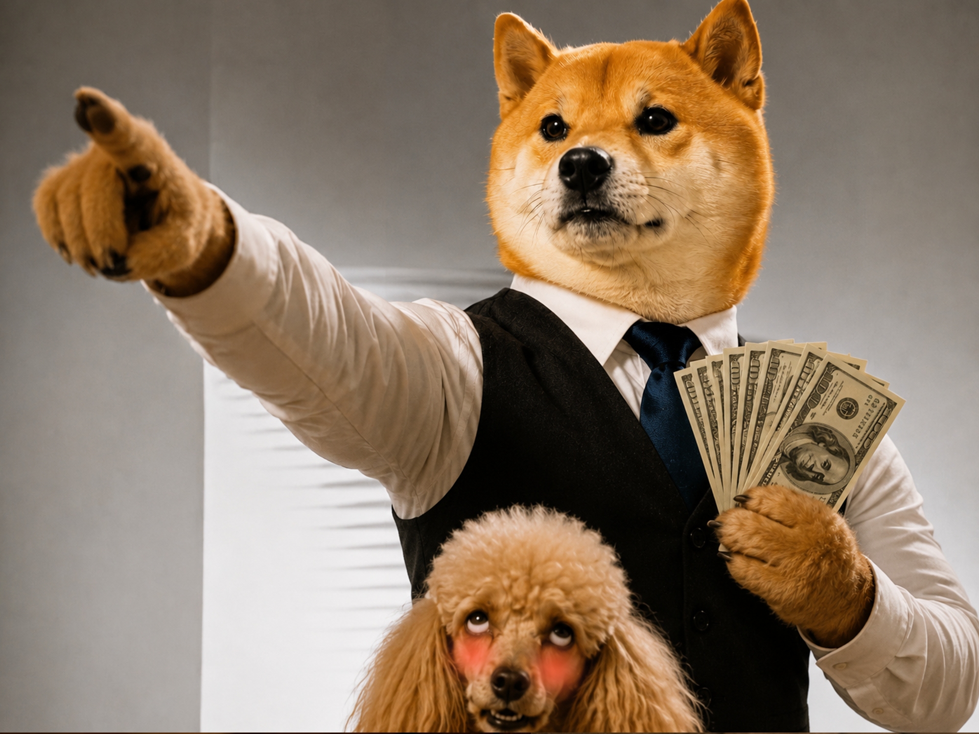 Dog in vest pointing while holding a fan of cash
