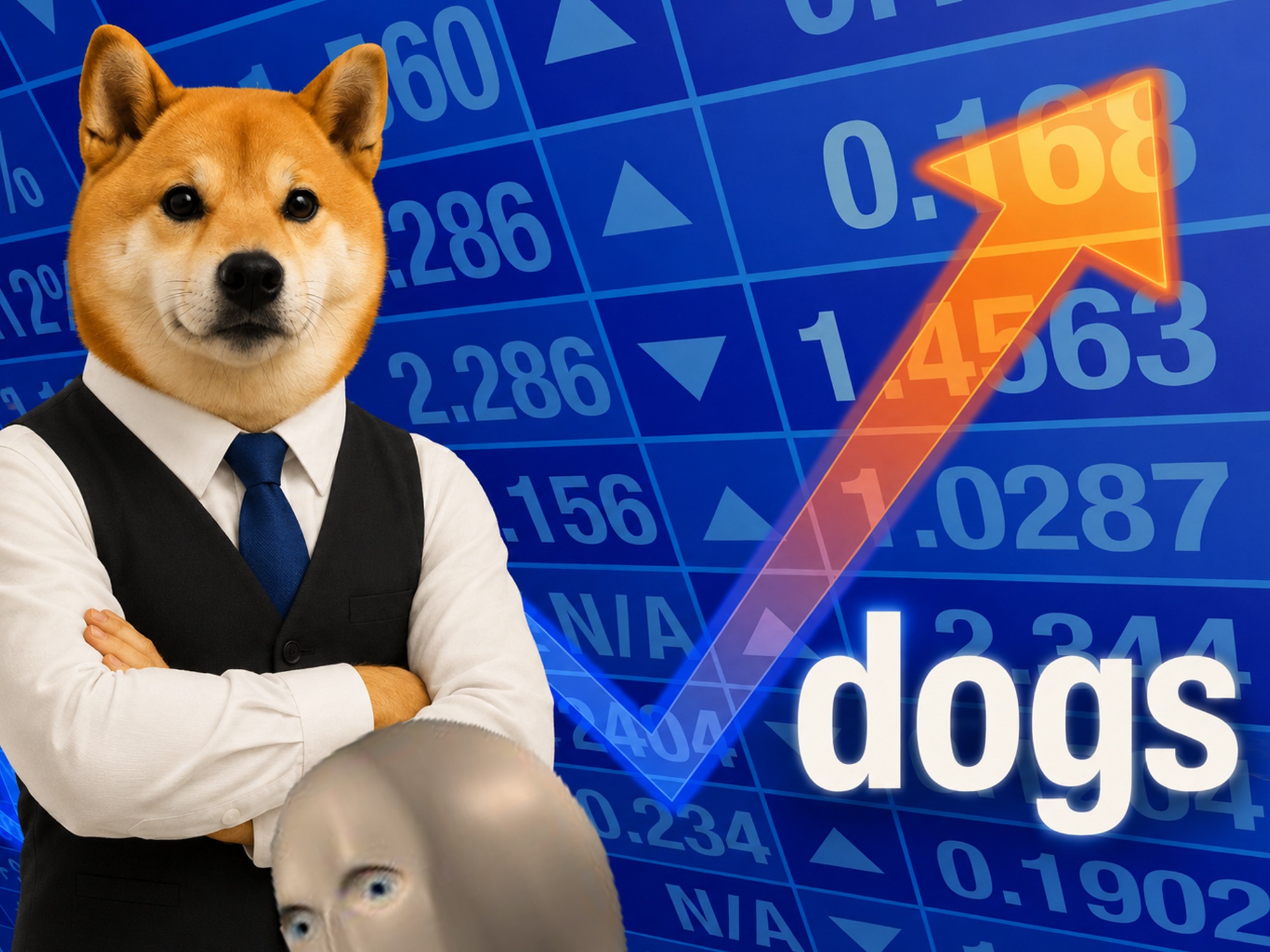 Dog in vest in front of stock board with rising chart
