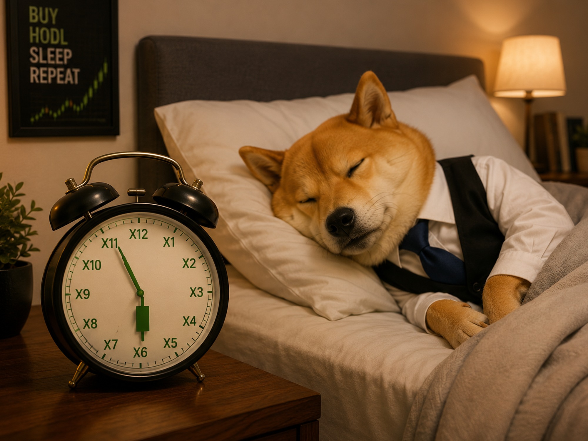 Dog in vest sleeping next to alarm clock - buy hodl sleep repeat